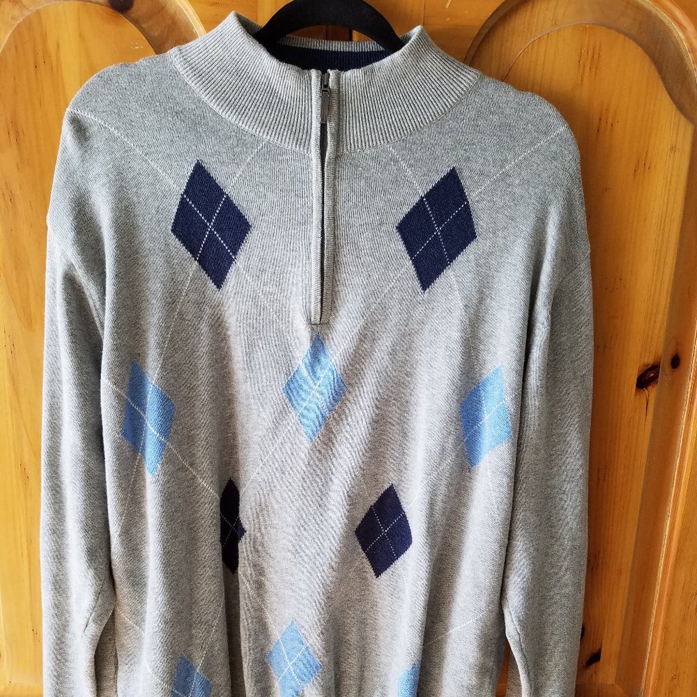 Alex Cannon Argyle Sweater Mens Size L Large 1/4-ZIp Long-Sleeve Gray EUC